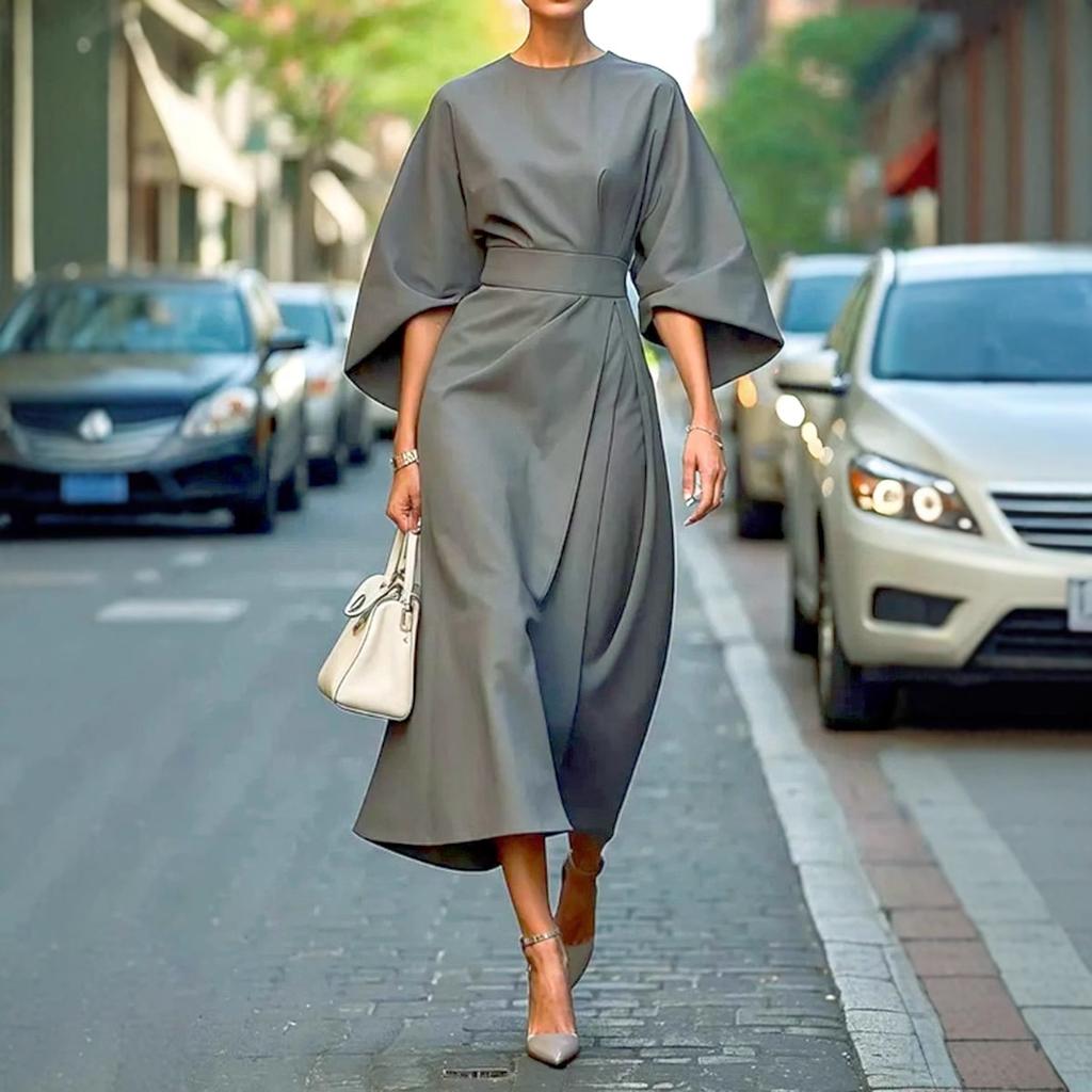 Stylish, Elegant, Solid-colour, Waist-cinched Dress with Casual Batwing Sleeves