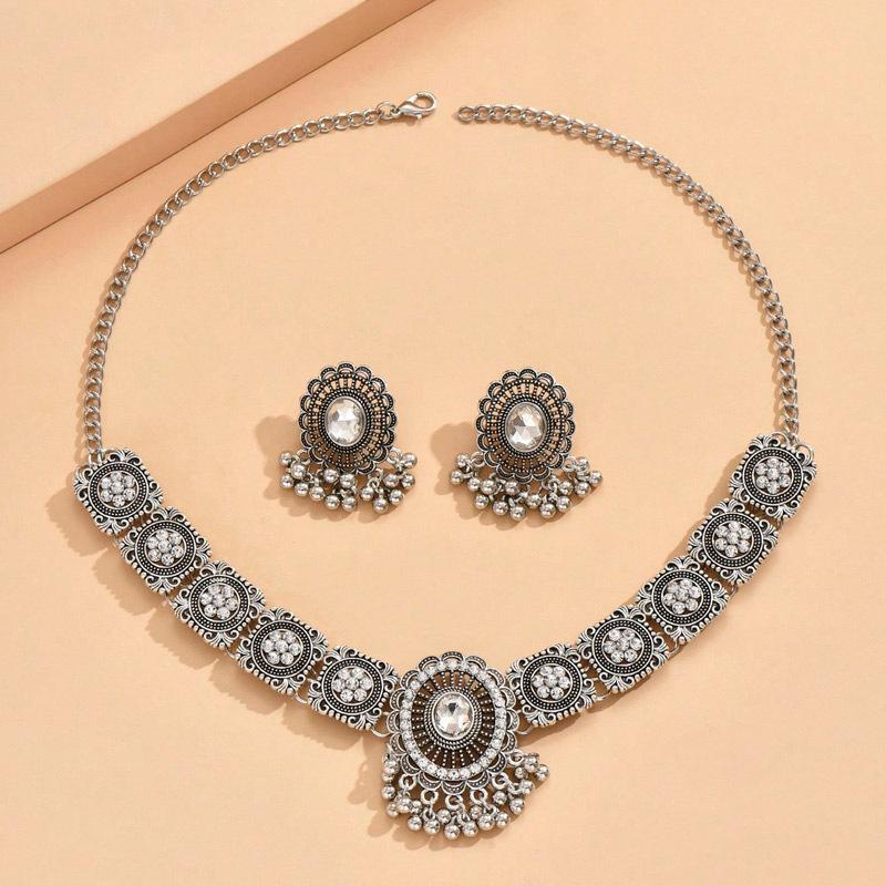 Vintage Indian Style Rhinestone Tassel Choker Necklace Earring Set Fashion Jewelry for Women