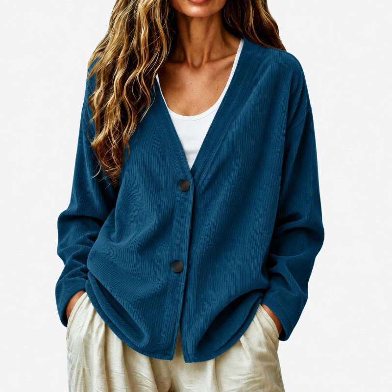 Womens Loose V-Neck Corduroy Knit Cardigan Long Sleeve Casual Outerwear 2026 Fall