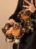 Unisex Khaki Leopard Print Plush Scarf with Mittens