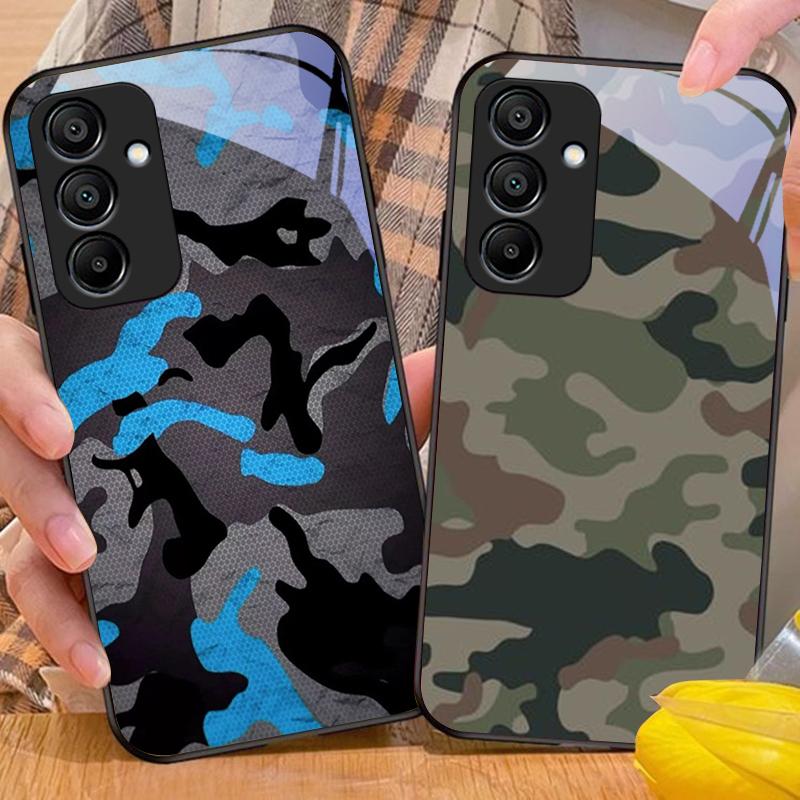 Камуфляжно-синий чехол для телефона из закаленного стекла для Samsung Galaxy A15 5G 54 4G 51 50 24 35 90 71 12 51 53 52S 80 22 34 Черный