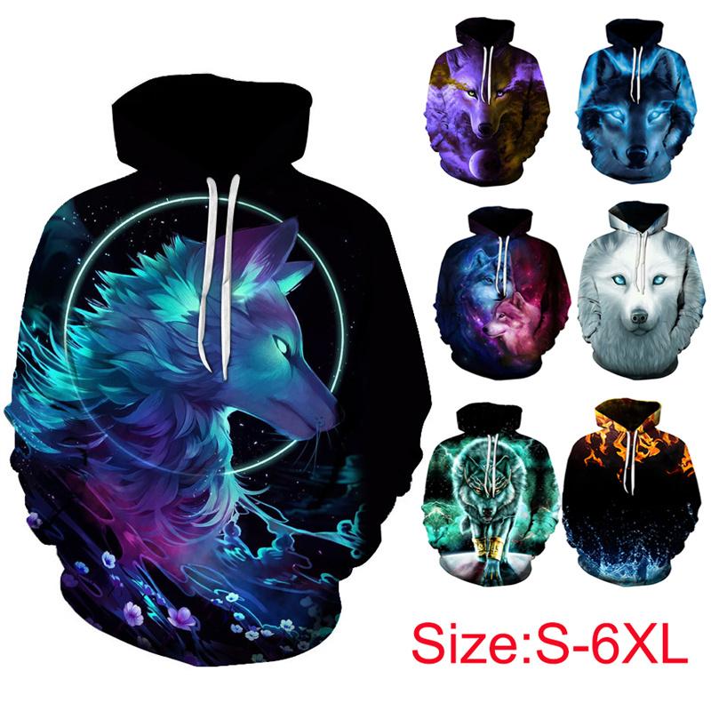 Женский и мужской пуловер с волком, верхняя одежда, 3D цифровая печать, толстовка с капюшоном для пар, толстовка с капюшоном и длинными рукавами в виде животных, свободные карманные повседневные пуловеры