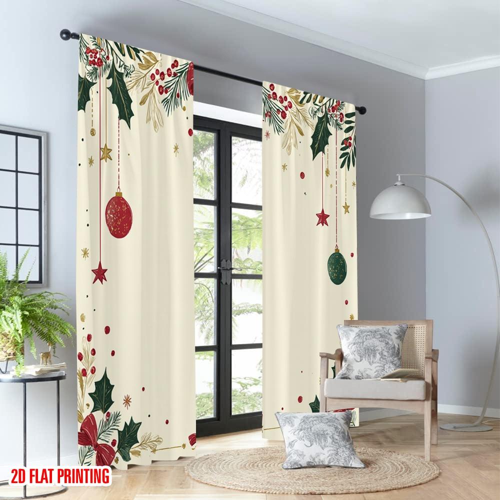 2pcs 2D flat printing Merry Christmas Curtains Christmas Holly Garland Bows Ornaments Digital Printed Polyester Drapes Festive