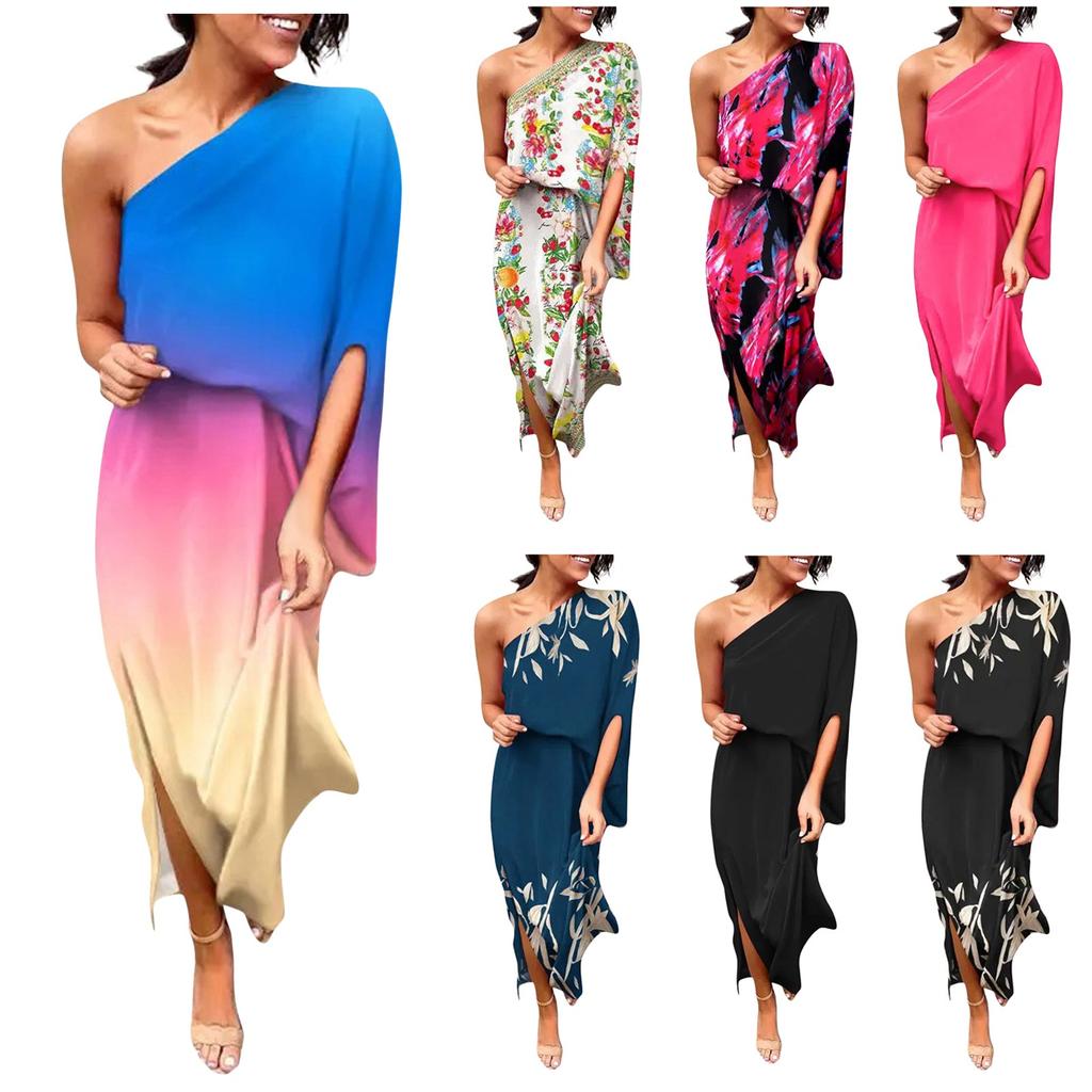 Women's Fashion Sexy One Shoulder Slit Hem Floral Short Sleeve Loose Casual Dress