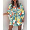 Summer Holiday Printed Beach Dress Lace-up A-line Bohi Short Dress V-neck Women Flying Sleeve Button Loose Casual Clothing 26524