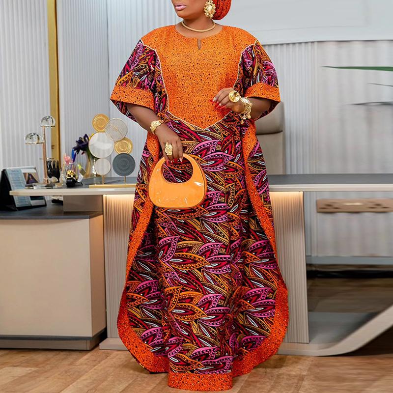 Женское свободное длинное платье большого размера с круглым вырезом и длинным рукавом с рисунком