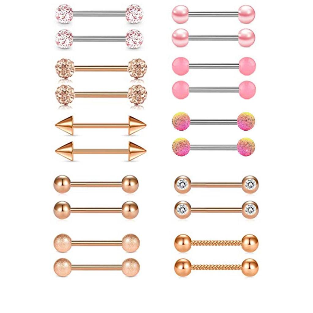 14G Нержавеющая сталь Матовый с бриллиантами Розовое золото Кольцо для пирсинга соска и Украшения для пирсинга языка