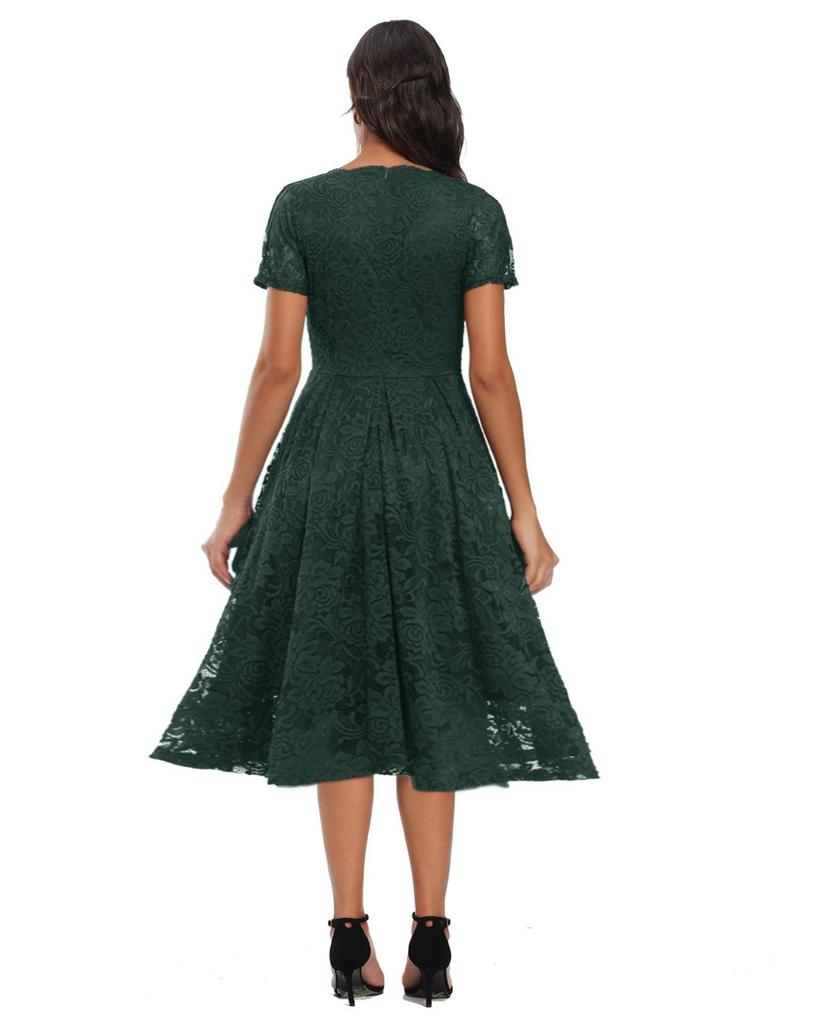 Женское кружевное платье миди с V-образным вырезом и короткими рукавами, приталенное по талии, для выпускного вечера, подружки невесты, гостя на свадьбе, вечеринки, коктейля, вечернего мероприятия