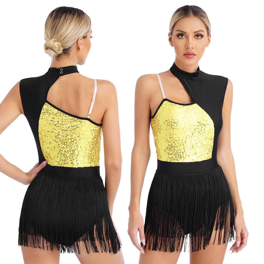 Womens Sleeveless Latin Dance Leotard Shiny Sequins Contrast Color Fringed Bodysuit for Dance Party Stage Performance
