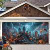 A Halloween garage polyester banner a creepy cemetery with skulls and tombstones and an outdoor party backdrop