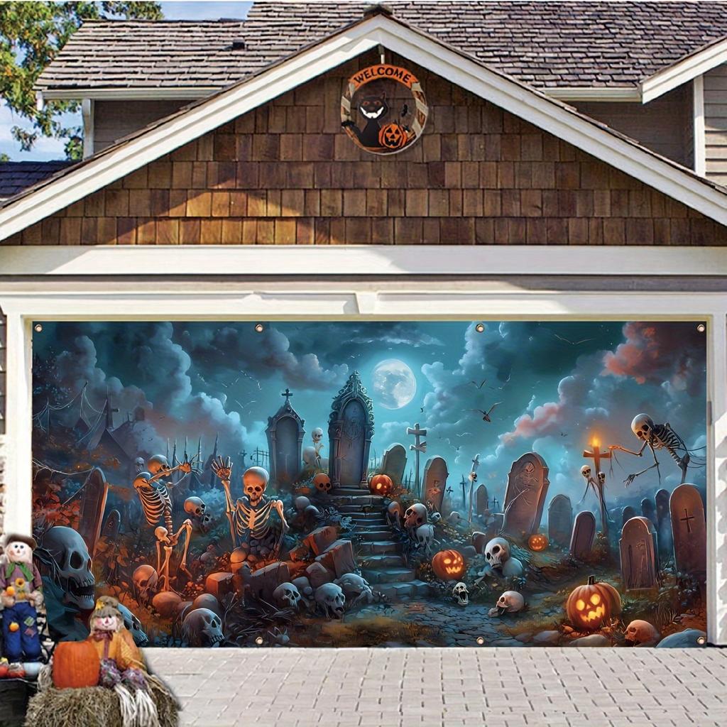 A Halloween garage polyester banner a creepy cemetery with skulls and tombstones and an outdoor party backdrop