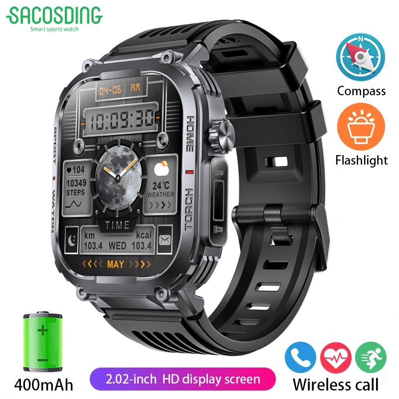 SACOSDING Compass Smart Watch Men 3ATM Waterproof 2.02" With Compass LED Flashlight Outdoor Sports Fitness Tracking Heart RateSmartwatch