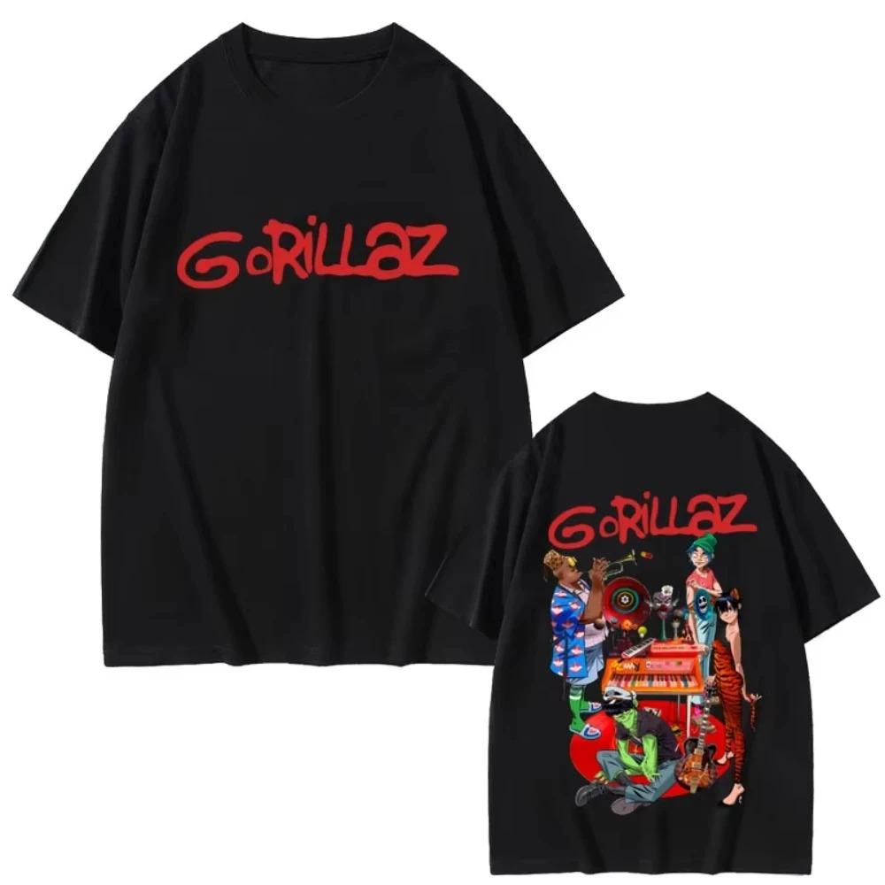 Черная оверсайз хлопковая футболка с логотипом группы Gorillaz и полноцветным принтом персонажей, идеальный мерч для фанатов для повседневной носки и музыкальных мероприятий