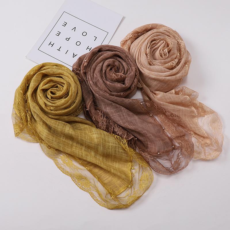 Solid Plain Lace Flower Patchwork Scarf for Women Muslim Islamic Hijab Head Scarves Shawls Female Long Pashmina Headwear