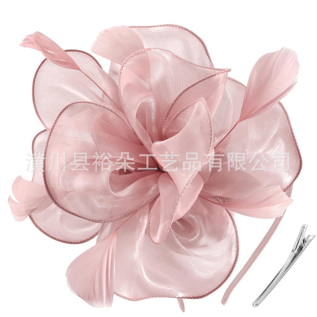 Cross-hot selling organza feather head flower bridal wedding hair accessories European and American Jockey Club headgear headband hairpin dual use