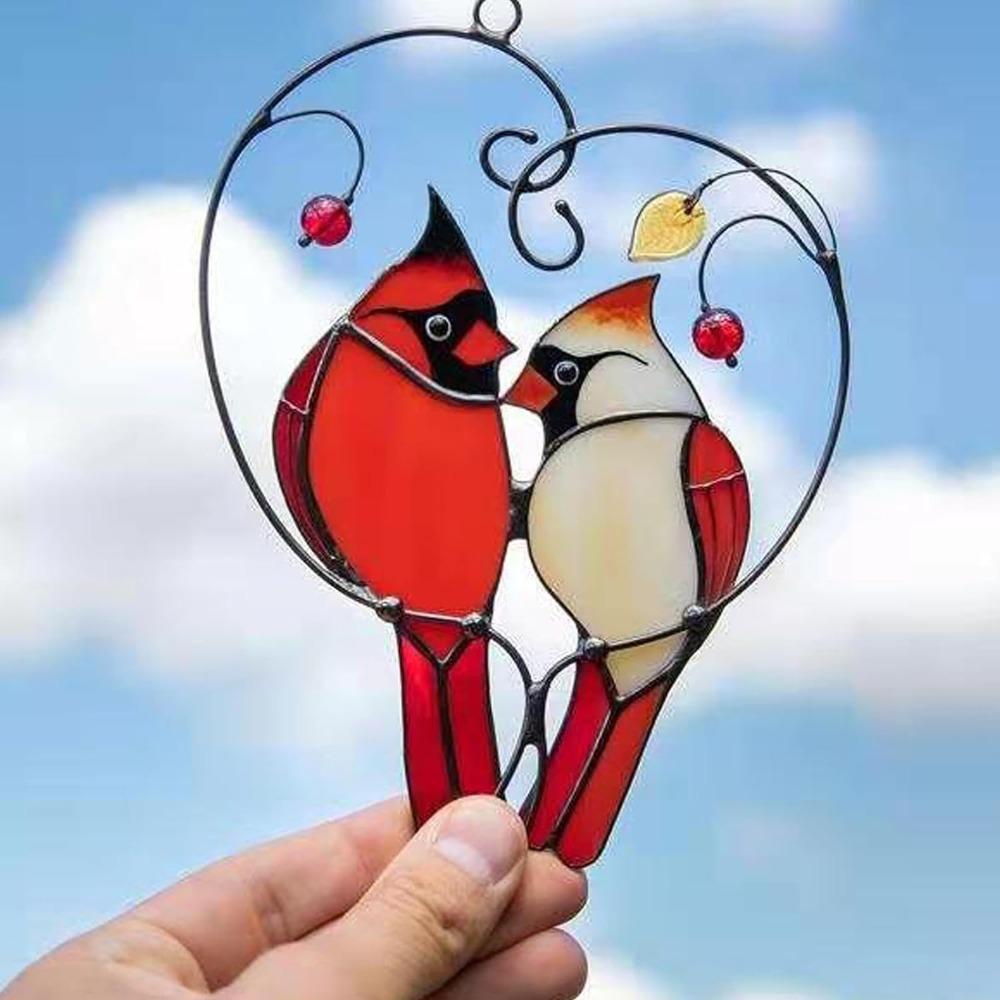 1 Pair Of Red Finch Birds Stained Glass Window Decorations Hanging Suncatchers For Home Window Decorations Car Decorations Gifts