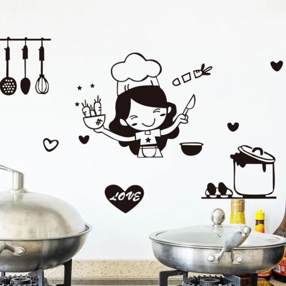 Cartoon Happy Girl Chef Sticker Black Kitchen Decal Easy Clean Loves Cooking Wall Sticker Kitchen