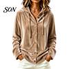 Elegant Lounge Wear Women Button Front Velvet Hoodie, Long Sleeve Hooded Jacket, Autumn Coat Loose Fit Casual Drawstring for Winter Soft Clothing