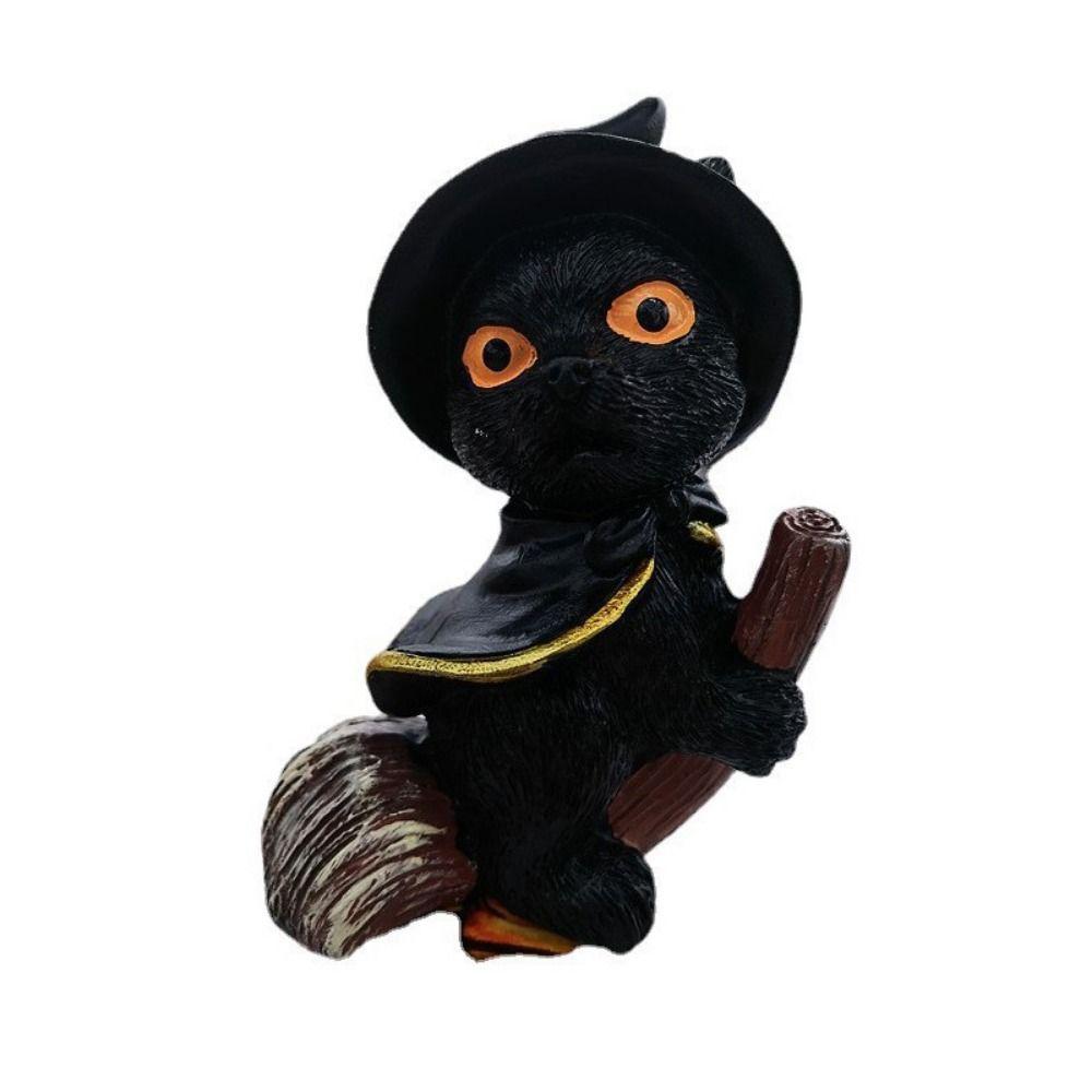 Resin Flying Broom Cat Small Broomstick Cat Creative Black Cat Witch Statue  Garden