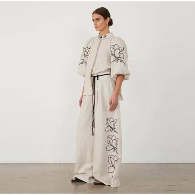 Женский весенне-летний модный комплект из хлопковых и конопляных брюк с принтом, винтажная рубашка с откидными рукавами и откидным воротником, плиссированные широкие брюки, комплект