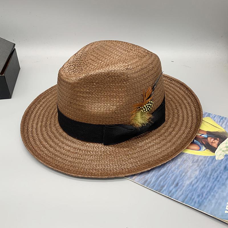 Eay Eight - Point Hand - Woven Straw Top Hat for Travel, Feather Jazz Style