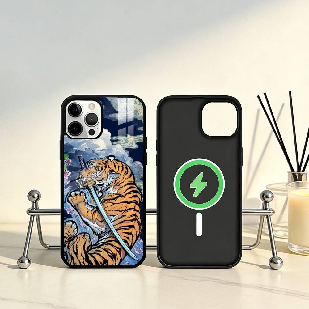 J-Japanese Ukiyo-e Tiger Phone Case For iPhone17,16,15,14,13,12,11 Plus,Pro Max Magnetic For Magsafe Wireless Charging