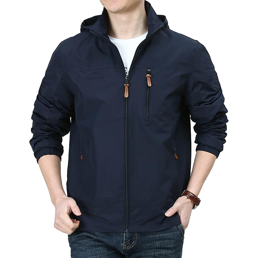 Jacket Outdoor Tops Spring Thin Autumn Hooded Lightweight Embroidery Plain Stylish [Manatsulife] Men's 7886. (Navy, L)