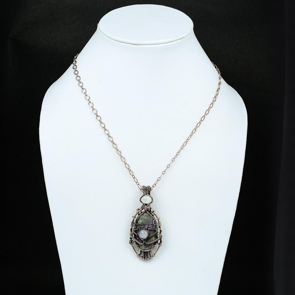 Подвеска из драгоценного камня пурпурит от сглаза, обернутая в медь, подвеска ручной работы, подвеска из радужного лунного камня, ювелирные изделия от сглаза, подарок для нее, медные украшения