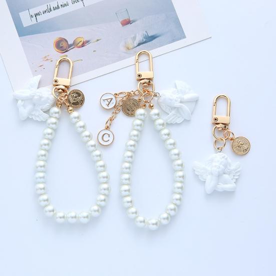 Keychain Pendant Faux Pearl Luxury Angel Letter Round Tag Stainless Alloy Exquisite Anti-lost Shoulder Bag Schoolbag Decoration Pendant Key Holder