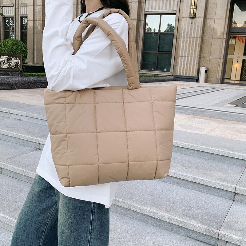 Simple Cotton Clothes Down Bag 2025 New Sewing Line Plaid Bag Fashionable Plain Board Large Capacity Tote Shoulder Bag