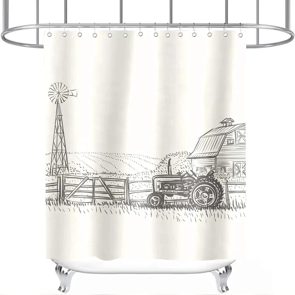 Rustic Shower Curtain Old Wooden Barn with Rusted Tractor Hillside Wooden Fence and Trees Cloth Fabric Bathroom Decor with Hooks