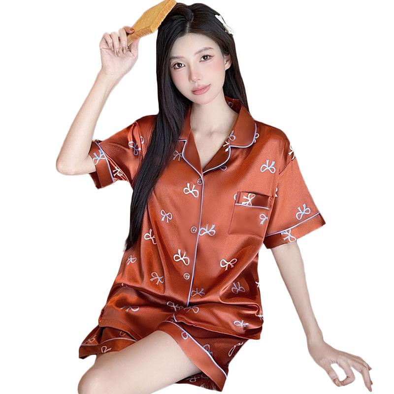 French Girl Summer Ice Silk Pajamas Short-Sleeved Set Bow Cool Silk Loungewear