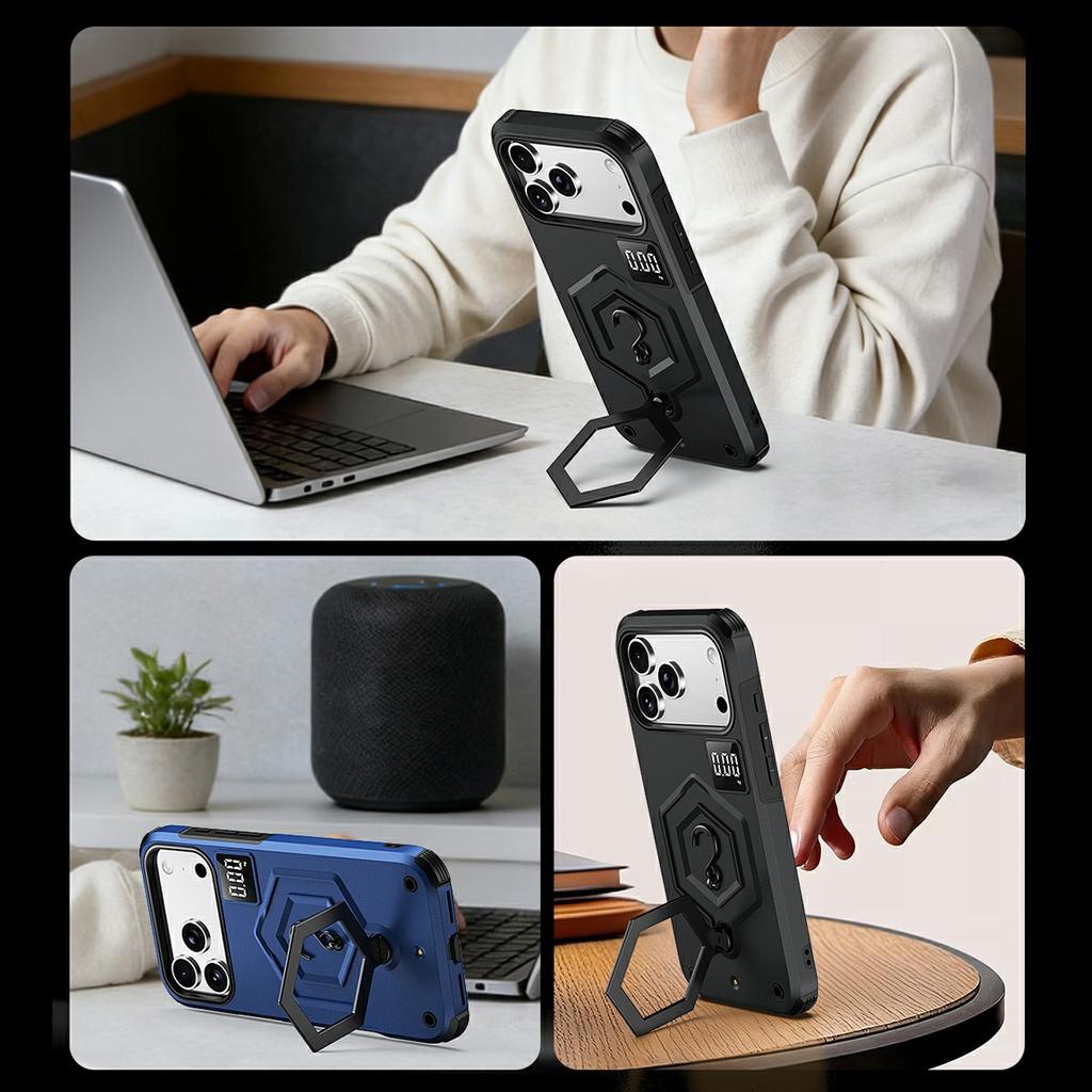 For iPhone 17 Pro Max Case Hexagonal Kickstand Shockproof TPU PC Matte Phone Cover with Integrated Scale Hook