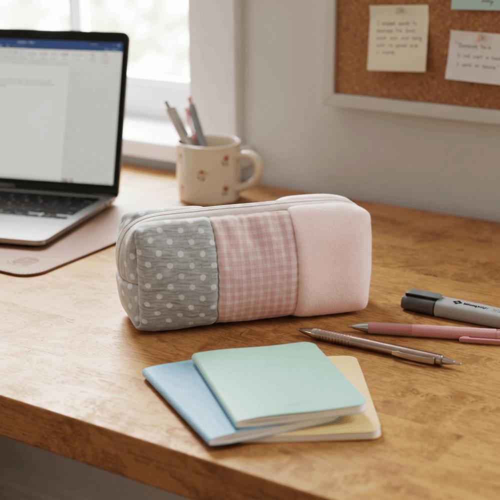 Plaid Pattern Pencil Case Polka Dot Patchwork Pencil Case Japanese Style Pen Bag Office Use