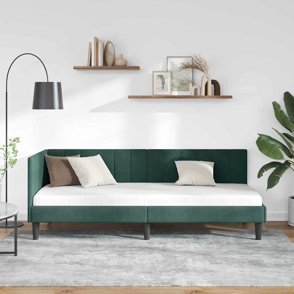L shaped bed frame with headboard dark green 80 cm x 200 cm velvet