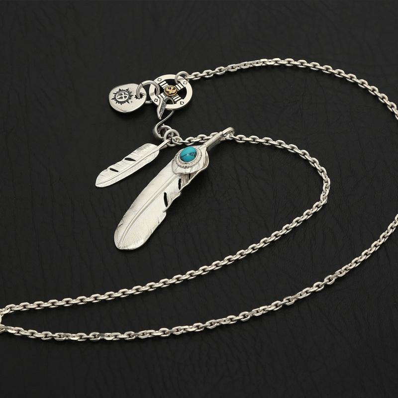 S925 Sterling Silver Jewelry Thai Silver Takahashi Goro Classic Feather Inlaid Turquoise Sweater Pendant