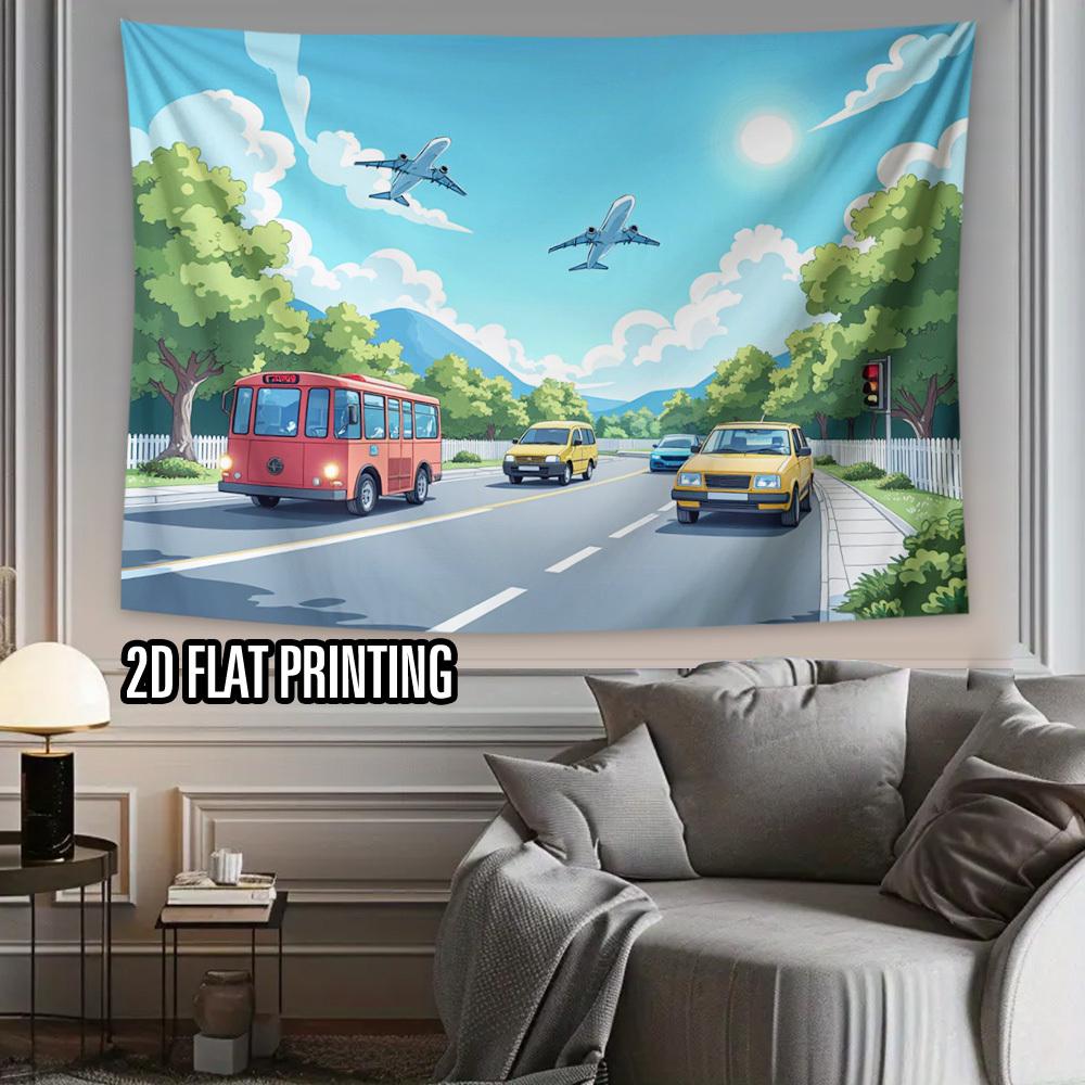 2D plane traffic cartoon patterns bright airplane and bus scenes polyester fiber suitable for various parties