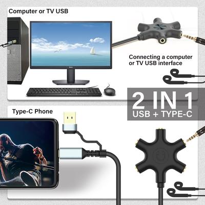 Разветвитель типа C/USB, кабель-переходник, преобразователи, подключение шнура, 5 шт., наушники 3,5 мм или одновременно