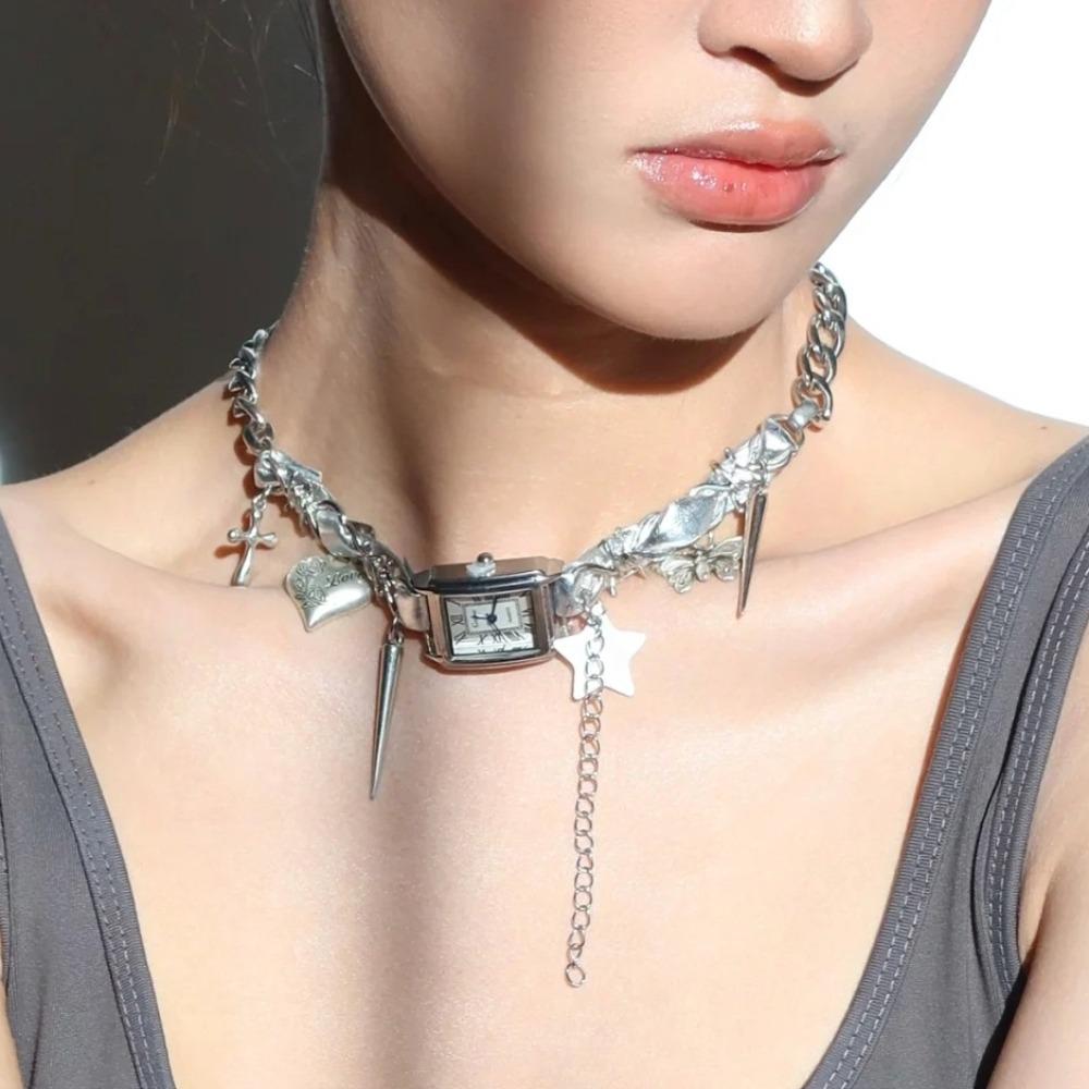 Cross Gothic Rivet Necklace Heart Y2K Tassel Necklace Personality Watches Pedant Choker Party