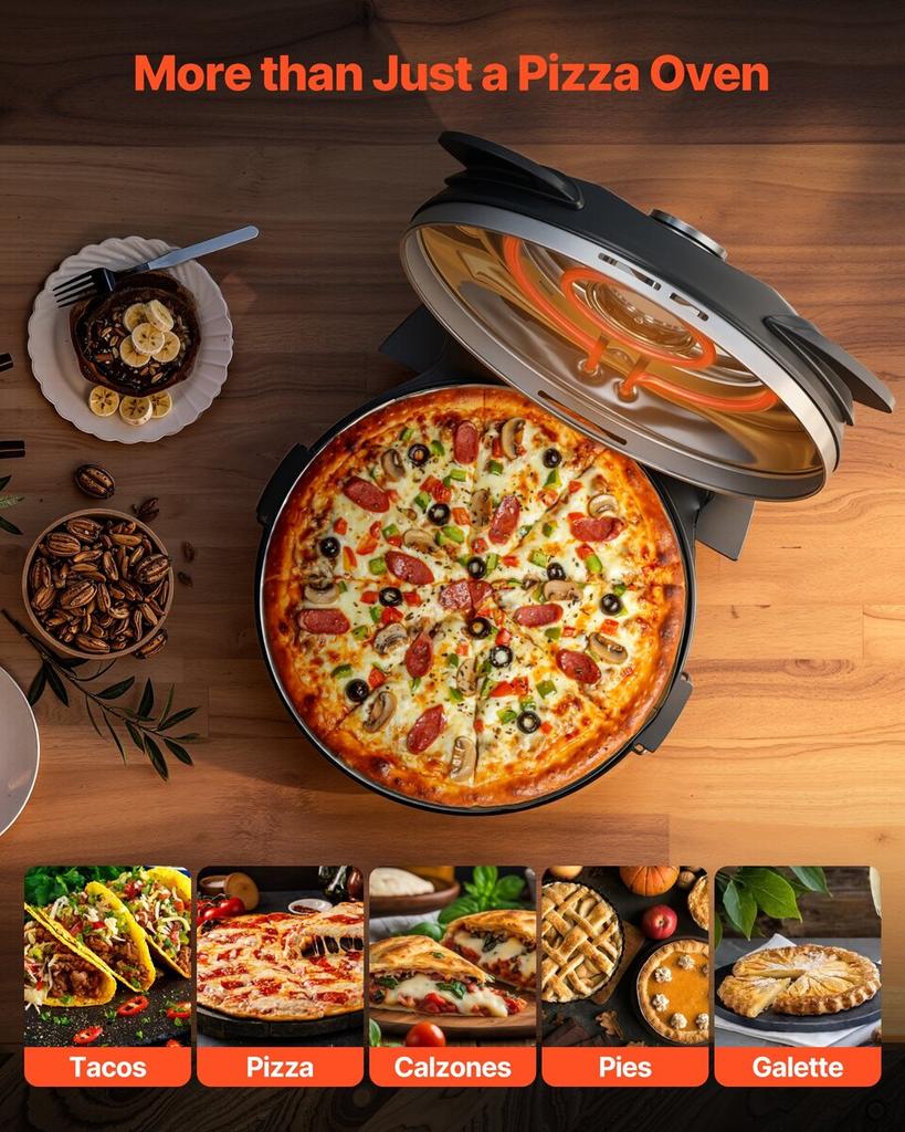 Pizza Oven, 304.8 mm Electric Pizza Maker, 1200W Electric Pizzas Cooker with Cordierite Stone, 5-Mode Temperature Control, Viewing Window for Precise