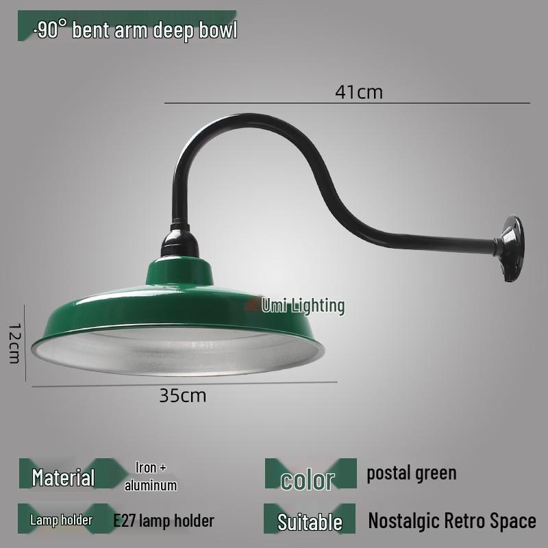 Vintage Military Green Outdoor Curved Pole Street Light, Waterproof Industrial-Style Lampshade for Doorway or Farmhouse Wall