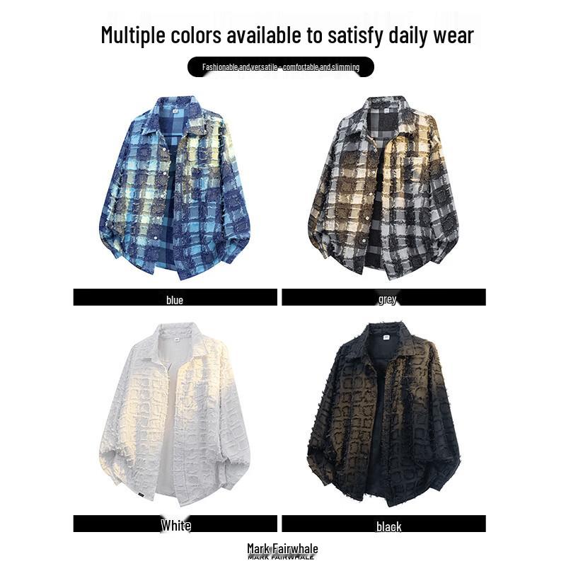 Mark Fairwhale Men's American-Style Color-Block Plaid Fringed Long-Sleeve Shirt
