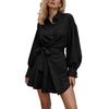 Elegant Solid Color Lace-up Lantern Long Sleeve Shirt Dress for Women, European American Style Crossbody Casual Dress