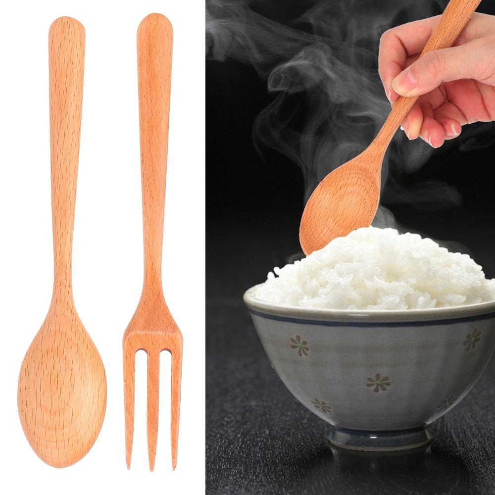2Pcs Wood Spork Smooth Polished Ergonomic Handle Kitchen Utensil Lightweight Practical Serving Spork Hot Pot