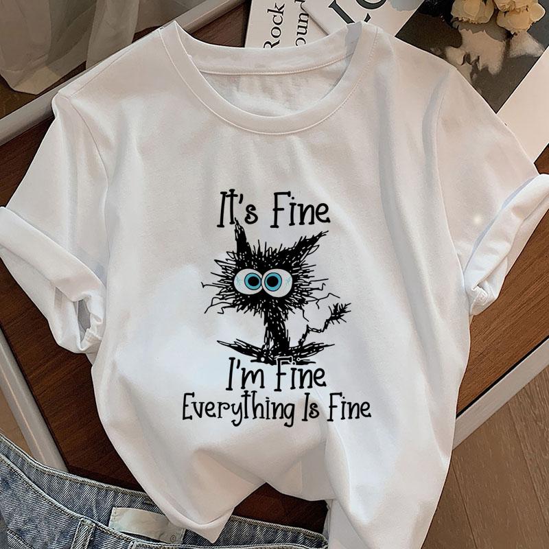 Im Fine Cat Coffee Graphic Tee Casaul Round Neck Printed TShirt Funny Black Cat Tee Humor Short Sleeve Cat Lover Tees