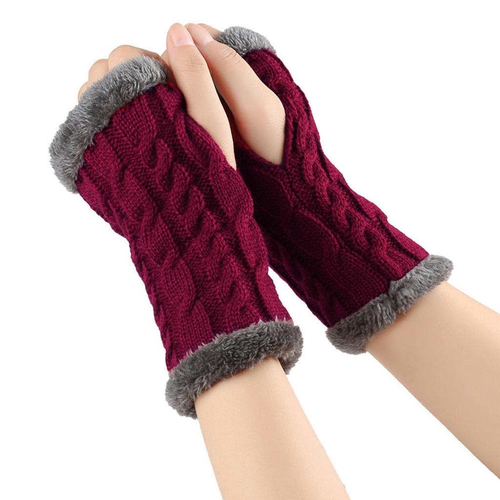 Women's Winter Warm Wool Gloves, Fingerless Twisted Knit Color Short Gloves