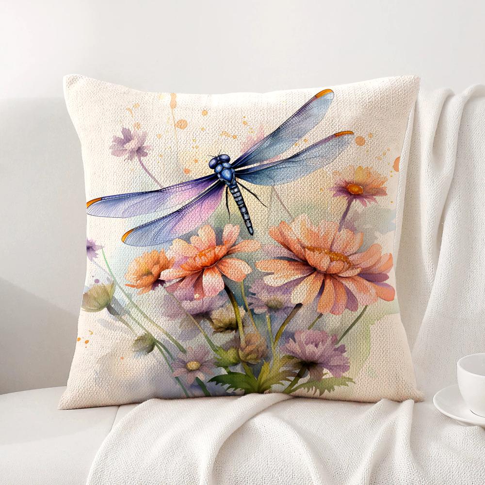 Dragonfly and flower Cushion Cover Natural Linen Organic Fabric DoubleSided Printing Sofa Home Decor Gift Pillow Cover