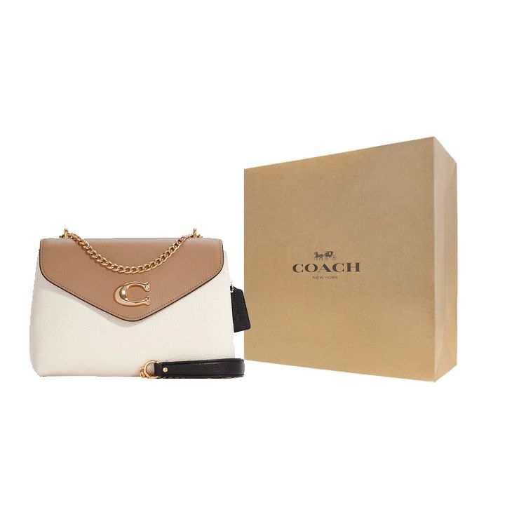 Coach Tammie 26 Logo Snap Polished Leather Chain Flap Shoulder Crossbody Bag Medium Women bags Milk-Tea White C6786-IMCAH