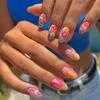 24pcs Color Flower Press On Nails, Short Almond Fake Nails With Color Swirl Design, Glossy Full Cover Stylish False Nails For Women And Girls
