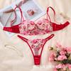 Red flower embroidered mesh erotic underwear set European and American light perspective sexy thong bra two-piece set